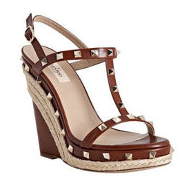Valentino Shoes - Valentino Garavani Leather Rockstud Espadrille Wedge Sandals Brown Women's 39.5